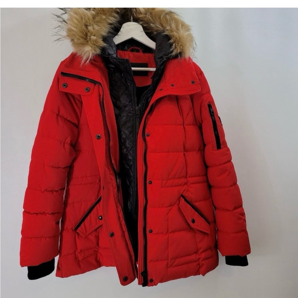 🖤Guess❤️ Scarlet Red Puffer Coat with Faux Fur Trim